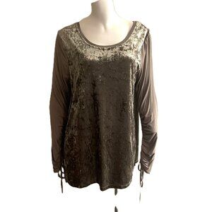 Umgee Crushed Velvet Velour Top Large Long Sleeve Grayish Green Ruched Sleeves